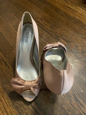Guess Blush Pink Satin Peep-Toe Heels with Bow